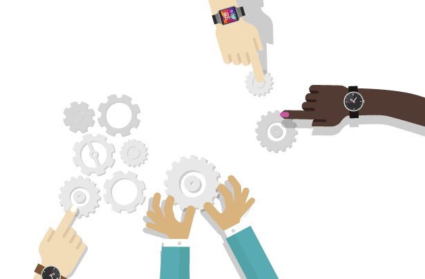 Illustration of multiethnic hands interacting with gears, representing employee interaction and team building.